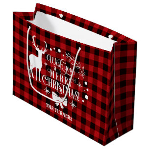 Sacola Para Presentes Grande Desejo-Te Feliz Natal Monograma de Buffalo Vermelh