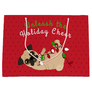 Sacola Para Presentes Grande Desencadeie o Natal bonito do Pug do elogio do
