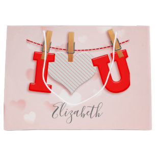 Sacola Para Presentes Grande Desenho e caligrafia de texto Vintage I Heart You