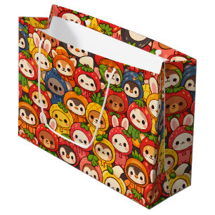 Sacola Para Presentes Grande Desfile de Amigos Frutas Chibi Animal Fofo