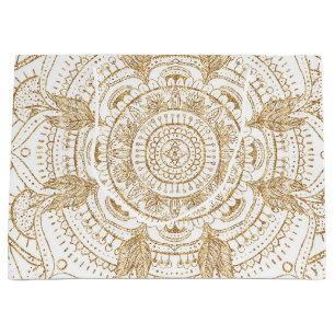 Sacola Para Presentes Grande Design de Desenho de Mão de Mandala Branco e Dour