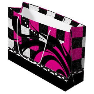 Sacola Para Presentes Grande Design de espiral verificada Preto, Branco e Ros