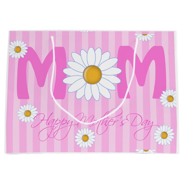 Sacola Para Presentes Grande Dia de as mães Feliz para Presente Bag (A vibrant gift bag featuring bold pink stripes and large daisies. )