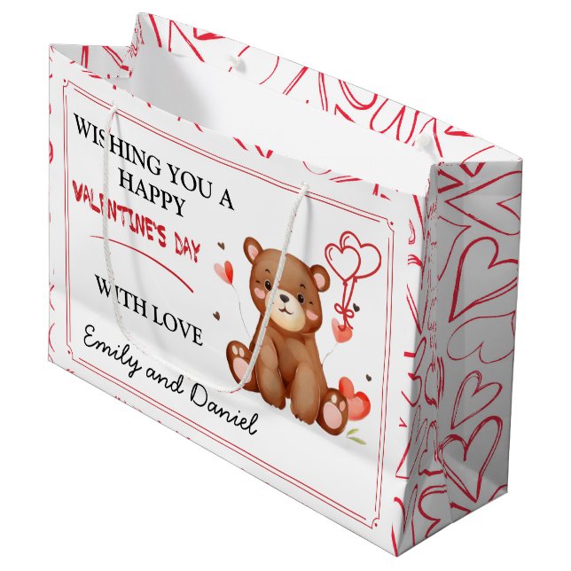 Sacola Para Presentes Grande Dia de os namorados de Urso de Aquarela personaliz (Frente inclinada)