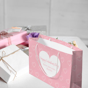 Sacola Para Presentes Grande Dia de os namorados rosa claro de corações brancos