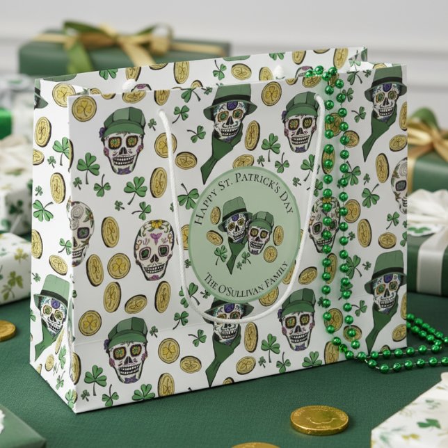 Sacola Para Presentes Grande Dia de São Patrício Irish Sugar Skull Personalizad (Happy St Patrick's Day Gift Bags. Irish Sugar Skulls, Lucky Gold Shamrock Coins Green Clover Pattern)