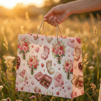 Sacola Para Presentes Grande Diamond Rings, Roses & Luxury Gift Boxes Pattern