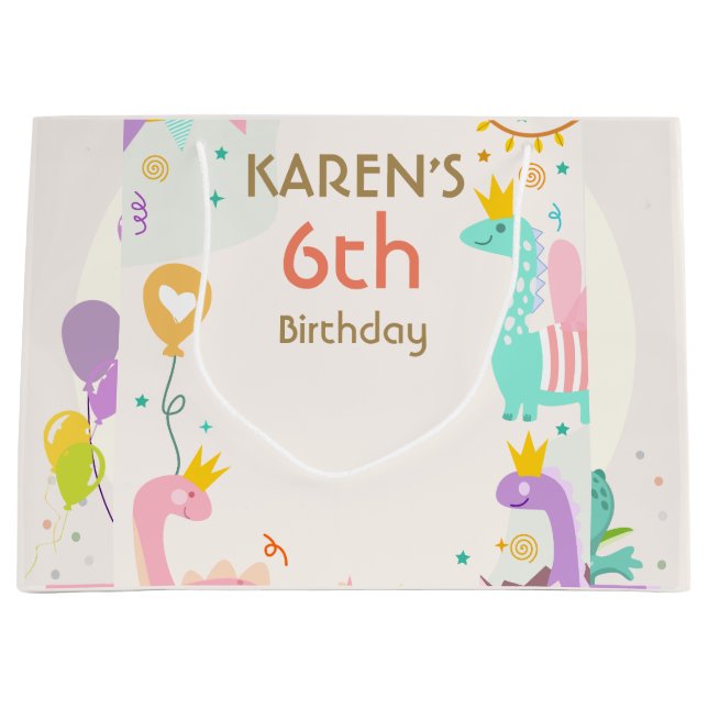 Sacola Para Presentes Grande Dinossauro Whimsical Princesa Birthday (Frente)