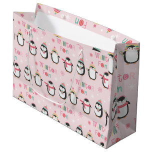 Sacola Para Presentes Grande Diversão de inverno   Pinguins cor-de-rosa-branca 