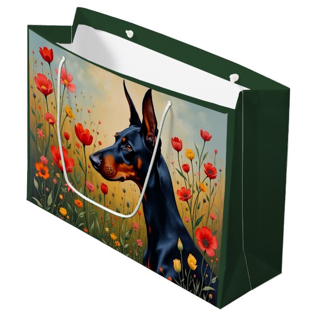 Sacola Para Presentes Grande Doberman in a field of flowers  (Frente inclinada)