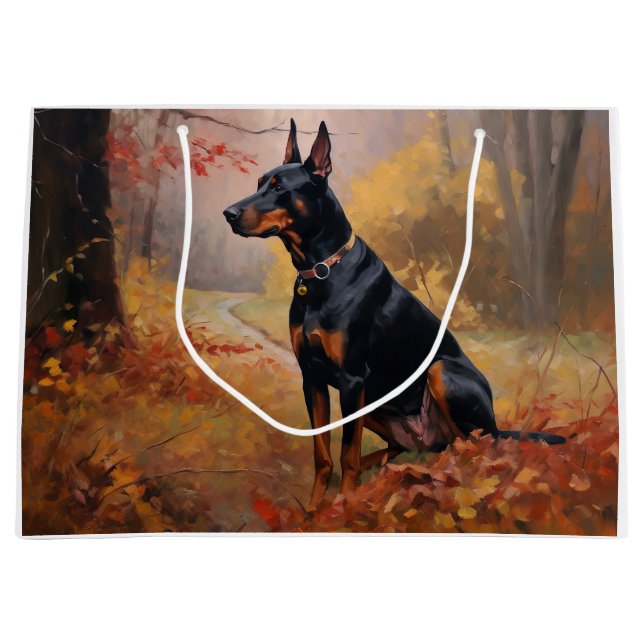 Sacola Para Presentes Grande Doberman no outono deixa cair inspiração (Frente)