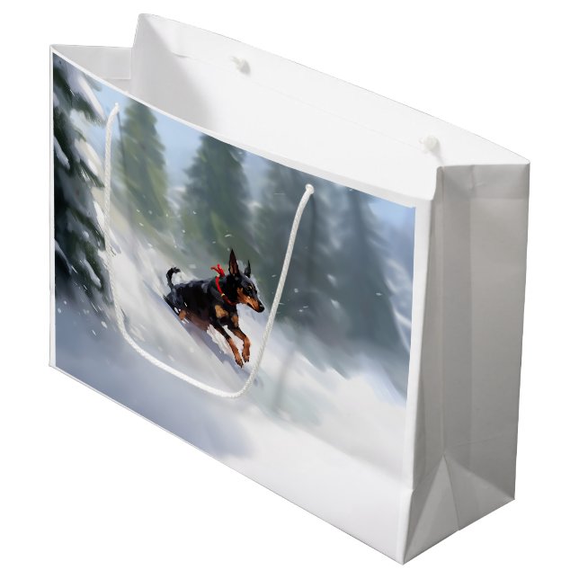 Sacola Para Presentes Grande Doberman Pinscher Inverno de Natal (Frente inclinada)