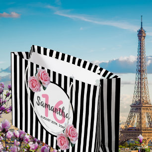 Sacola Para Presentes Grande Doce 16 listras negras cor-de-rosa floral