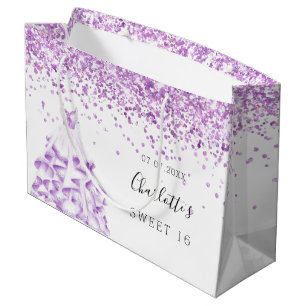 Sacola Para Presentes Grande Doce 16 pó branco de brilho roxo Nome do vestido