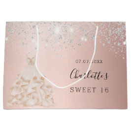 Sacola Para Presentes Grande Doce 16 rosa de ouro, vestido glamouroso com brilh