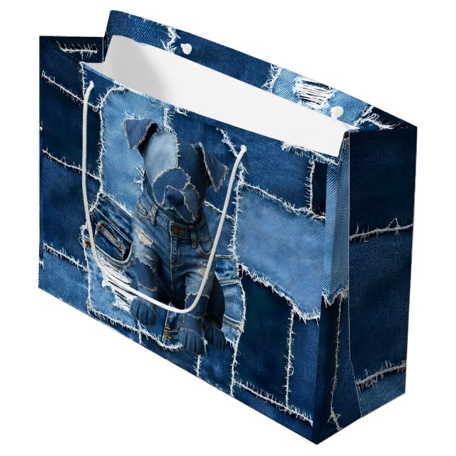 Sacola Para Presentes Grande Dog Patchwork Art Denim (Frente inclinada)