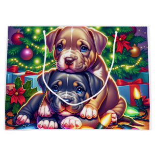 Sacola Para Presentes Grande Dois Cachorros Cortos Brincando na Árvore de Natal