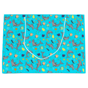 Sacola Para Presentes Grande Dolphin Summer Kids Blue Birthday Gift Bag