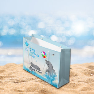 Sacola Para Presentes Grande Dolphin Summer Kids Blue Modern Gift Bag