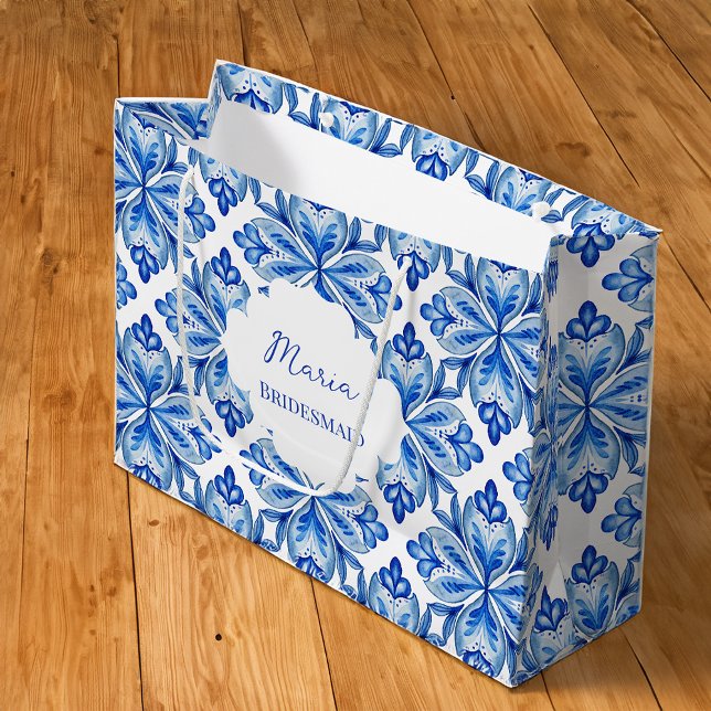 Sacola Para Presentes Grande Donativos de Bridesmaid azulejos Azuis Italianos p (Bridesmaid gifts bag Italian Blue tiles personalized name Large Gift Bag)