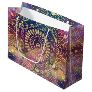 Sacola Para Presentes Grande Dourada aquarela e nebula mandala