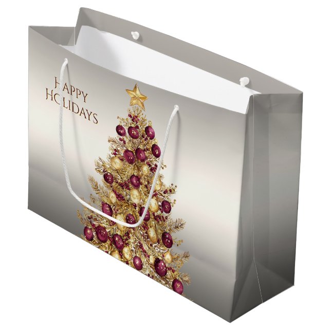 Sacola Para Presentes Grande Dourada Burgundy Natal Tree Bift Bag (Frente inclinada)