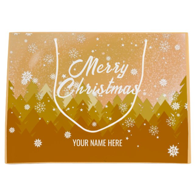 Sacola Para Presentes Grande Dourada neve branca Natal pacífico da floresta no  (Frente)