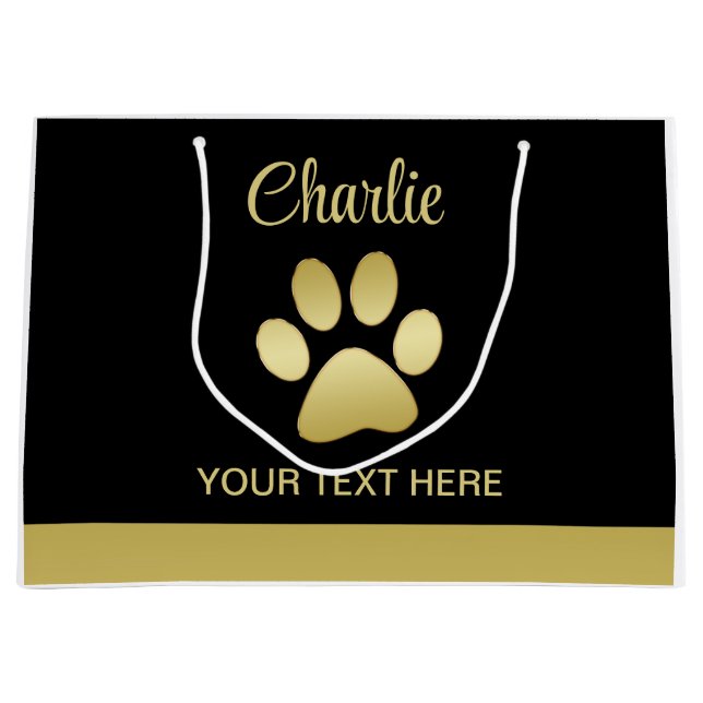 Sacola Para Presentes Grande Dourada pata de cão brilhante sobre fundo negro (Frente)