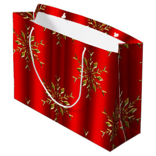 Sacola Para Presentes Grande Douradas estrelas de floco de neve no Natal Vermel