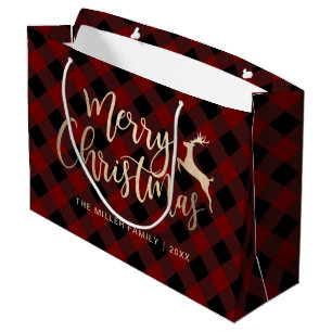Sacola Para Presentes Grande Dourado e elegante Xadrez de Natal Preto e Vermelh