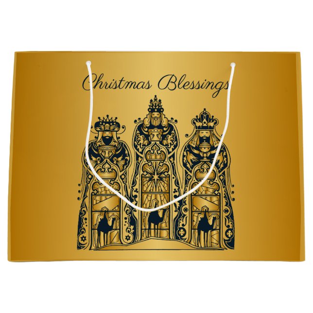 Sacola Para Presentes Grande Dourado e Marinho Três Sábios (Frente)