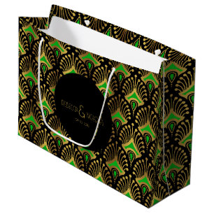 Sacola Para Presentes Grande Dourado e verde Art Deco, de preto