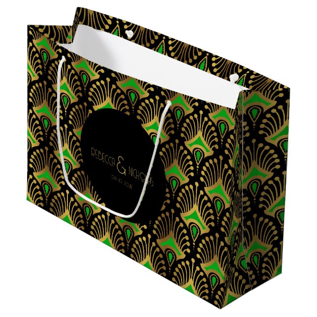 Sacola Para Presentes Grande Dourado e verde Art Deco, de preto (Frente inclinada)