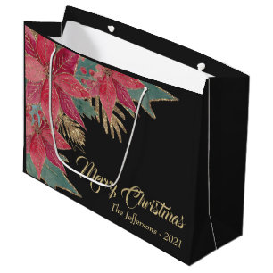 Sacola Para Presentes Grande Dourado Elegante Black Red Poinsettia Feliz Natal