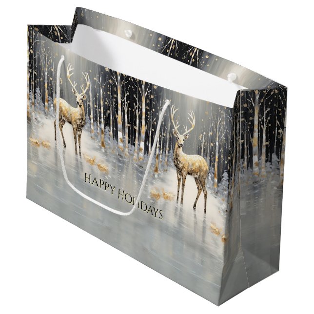 Sacola Para Presentes Grande Dourado Natal Reindeer Holiday Bag Gift (Frente inclinada)