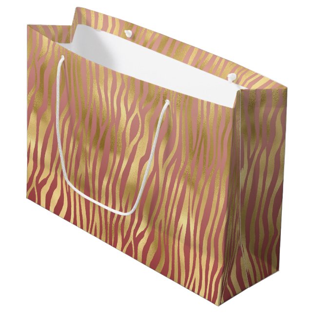 Sacola Para Presentes Grande Dourado Peach Red Zebra Stripes (Frente inclinada)