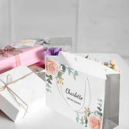 Sacola Para Presentes Grande dourado rosa floral, dançarino verde