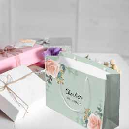 Sacola Para Presentes Grande dourado rosa floral, dançarino verde