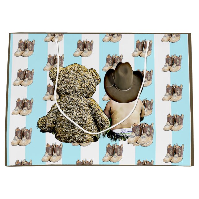 Sacola Para Presentes Grande É um Bebê Garoto Lil Cowboy e Urso Teddy (Frente)