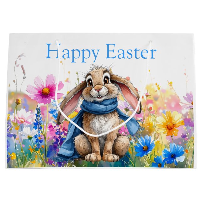 Sacola Para Presentes Grande Easter Bunny blue scarf Happy Easter (Frente)