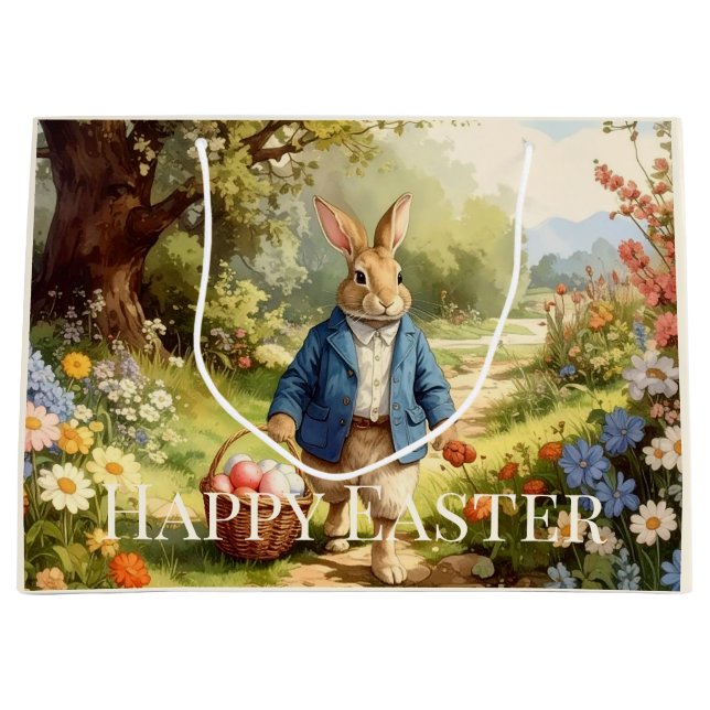Sacola Para Presentes Grande Easter Bunny Collecting Easter Eggs (Frente)