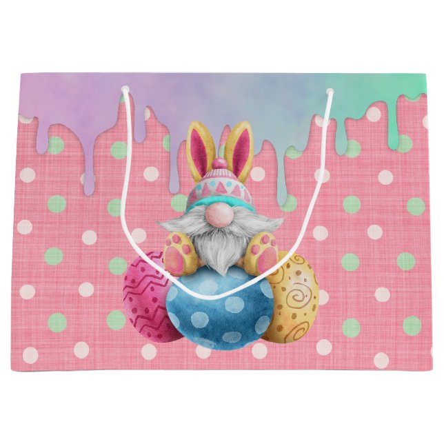 Sacola Para Presentes Grande Easter Gnome Polkadot Eggs Icing Drips (Frente)
