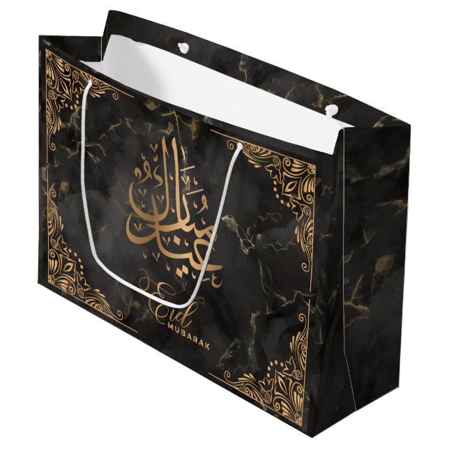 Sacola Para Presentes Grande Eid Mubarak | Caligrafia Ouro Marble Preto (Frente inclinada)
