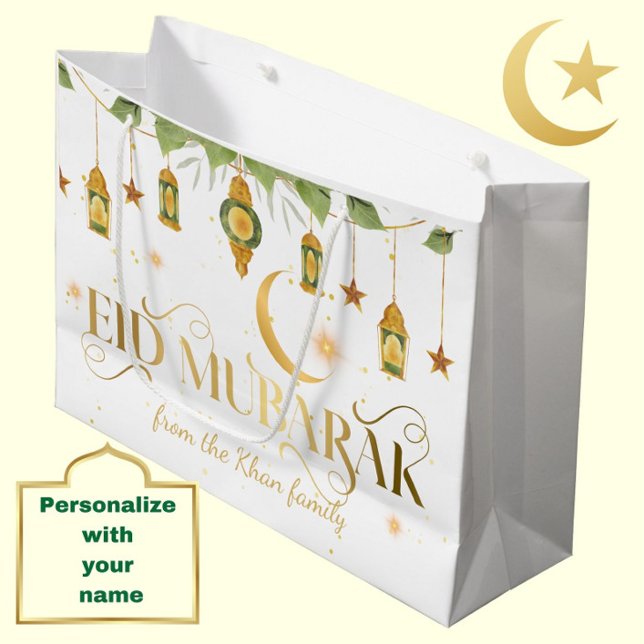 Sacola Para Presentes Grande Eid Mubarak Nome Personalizado Elegante Lanterna D (Personalize this modern, elegant white + gold "Eid Mubarak" gift bag for a special touch.)