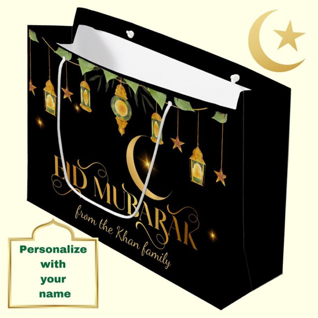 Sacola Para Presentes Grande Eid Mubarak Nome Personalizado Elegante Lua Preta  (Personalize this modern, elegant black + gold "Eid Mubarak" gift bag for a special touch.)