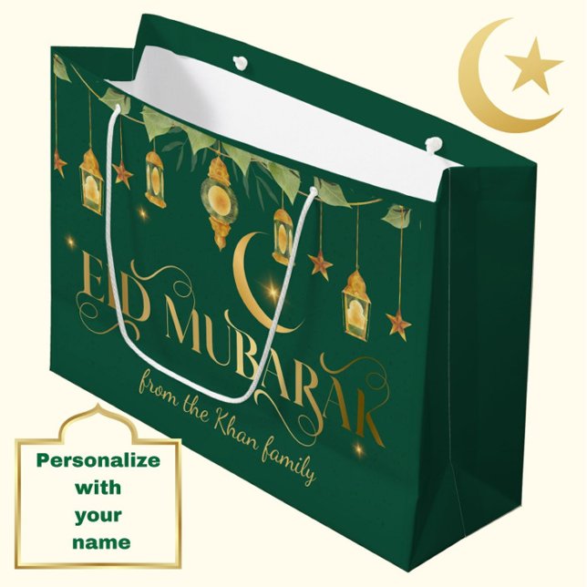 Sacola Para Presentes Grande Eid Mubarak Nome Personalizado Elegante Lua Verde  (Personalize this modern, elegant emerald green + gold "Eid Mubarak" gift bag for a special touch.)