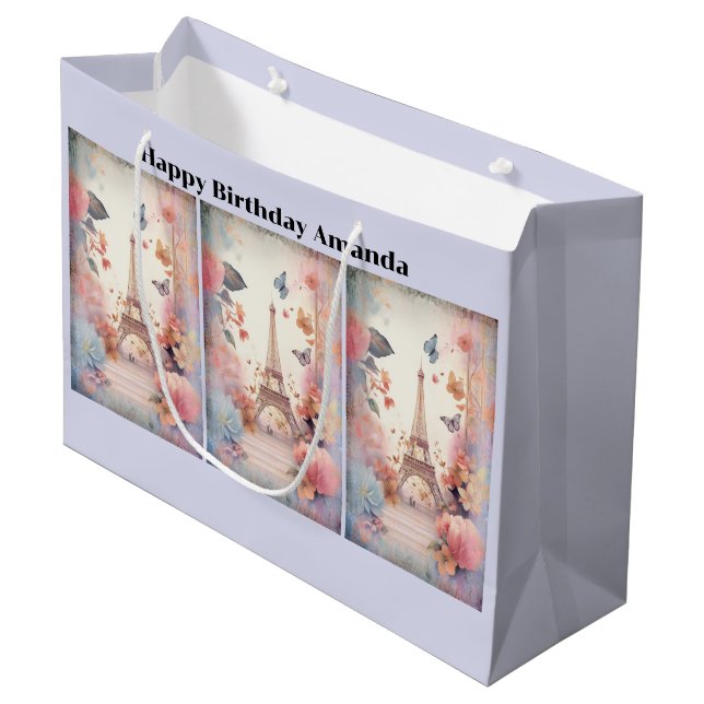Sacola Para Presentes Grande Eiffel Tower Butterflies and Flowers Birthday (Frente inclinada)