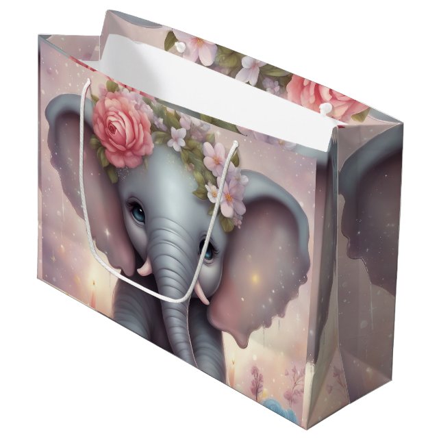 Sacola Para Presentes Grande Elefante Adorável para Bebês com Flores (Frente inclinada)