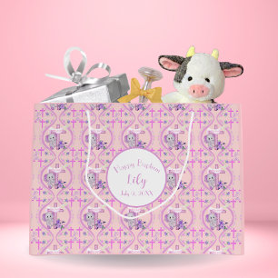 Sacola Para Presentes Grande Elefante Bebê Rosa Com Pombo E Batismo De Cruz