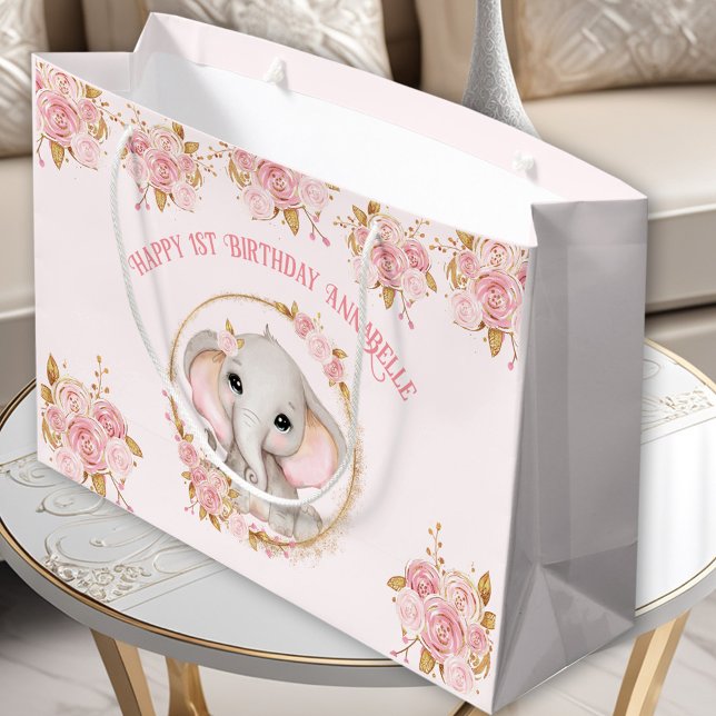 Sacola Para Presentes Grande Elefante primeiro aniversario Rosa Grande Saco de  (Elephant Girl Pink 1st Birthday Large Gift Bag)